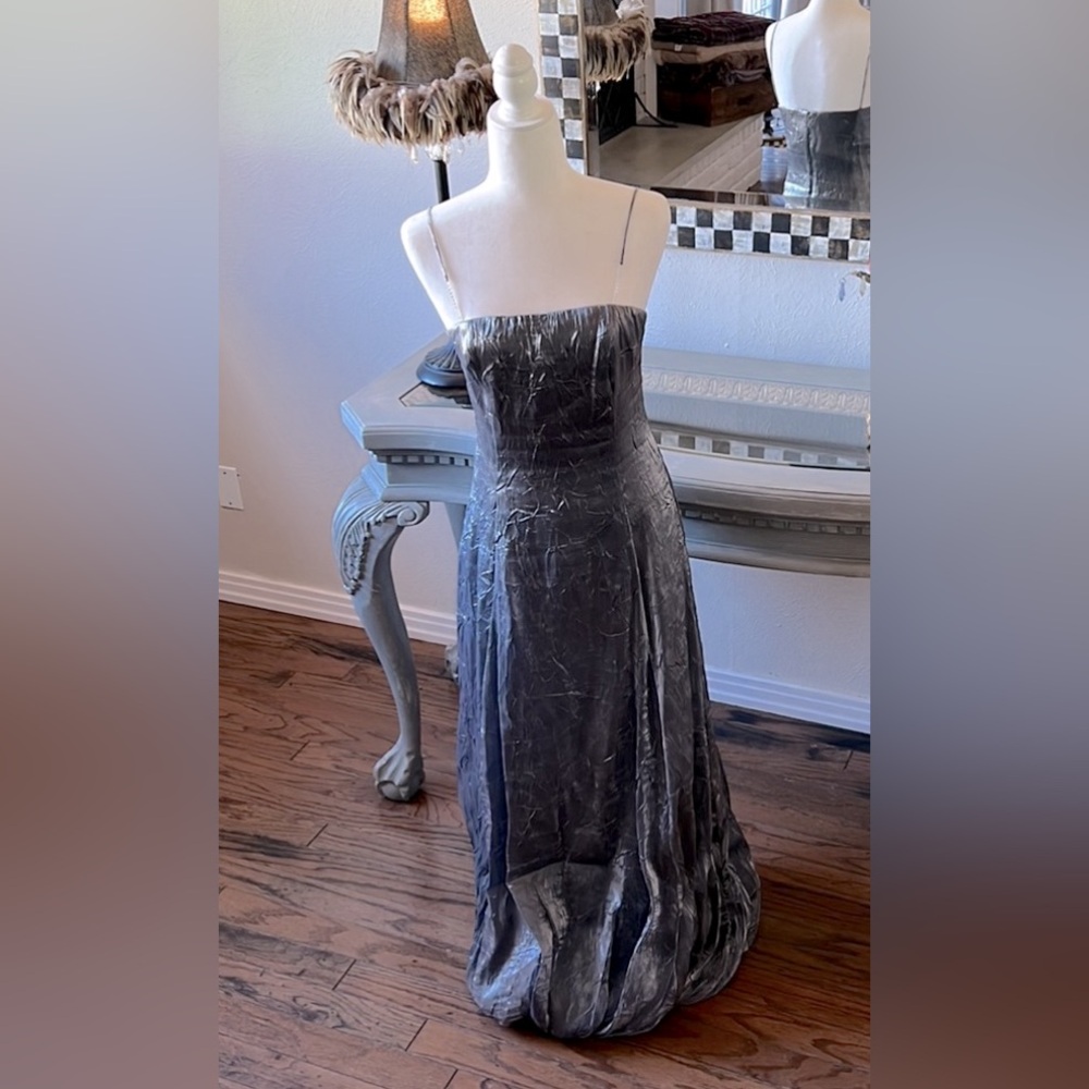 Silver Crinkle Taffetta Gown Spaghetti Straps